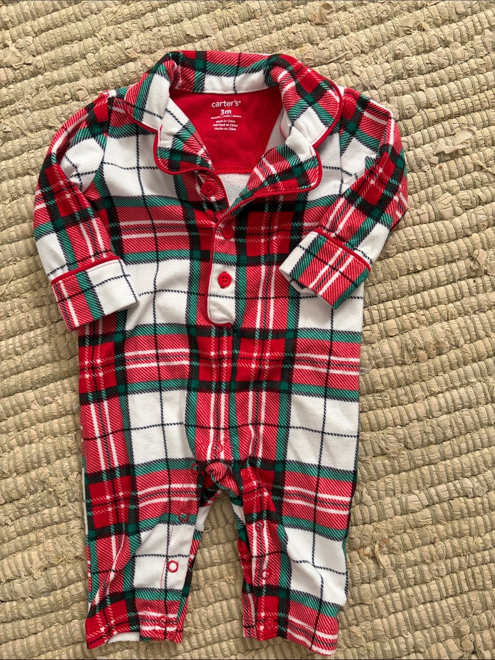 Carter's Red White & Green Plaid Fleece One-Piece 3M